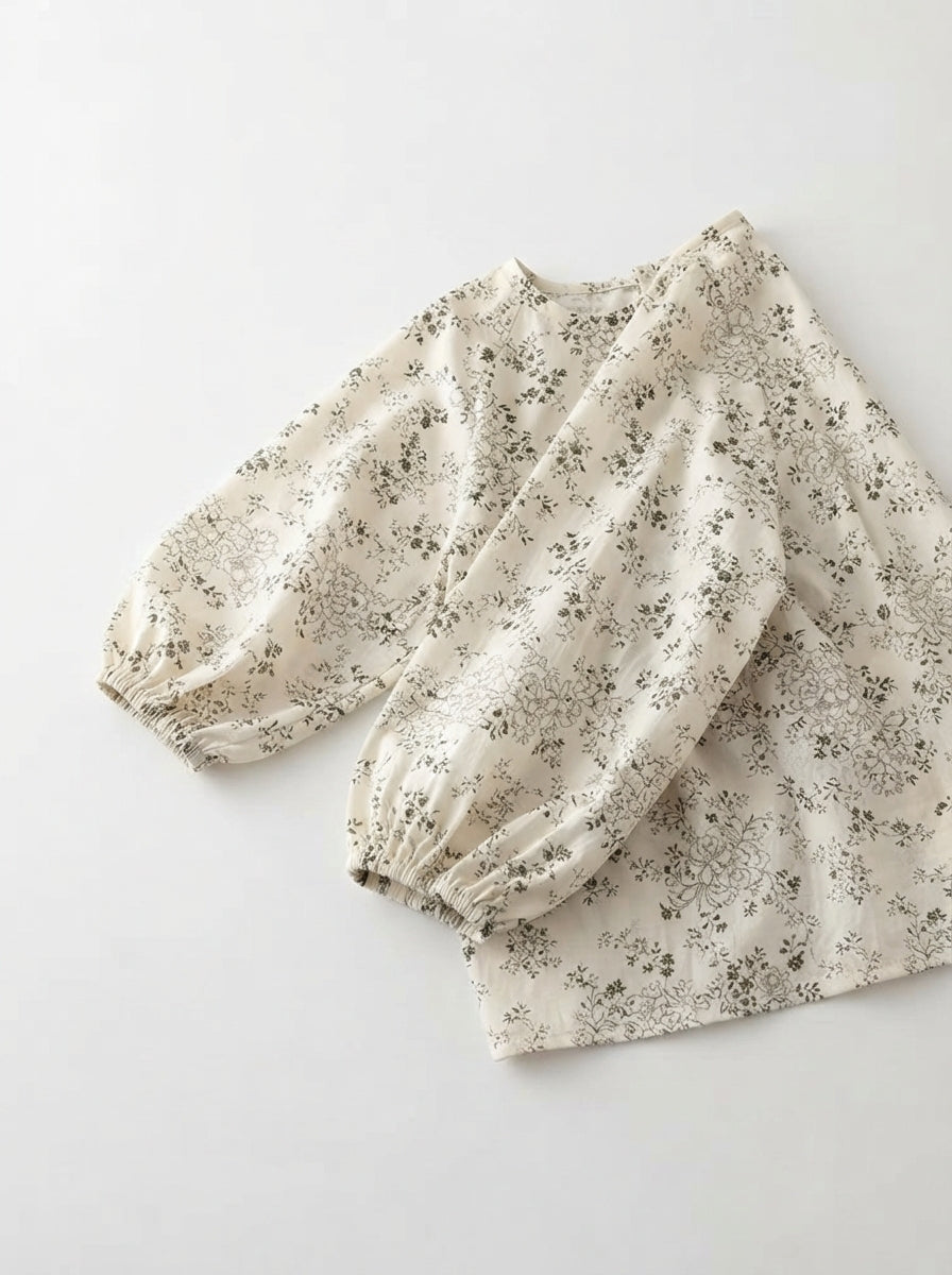 [WHOLESALE ONLY - CONTACT TO ORDER] Toddler Baby Girls Vintage Botanical Floral Cotton Linen Blouse - Long Balloon Sleeve Cottagecore Smock Top[KW-135]