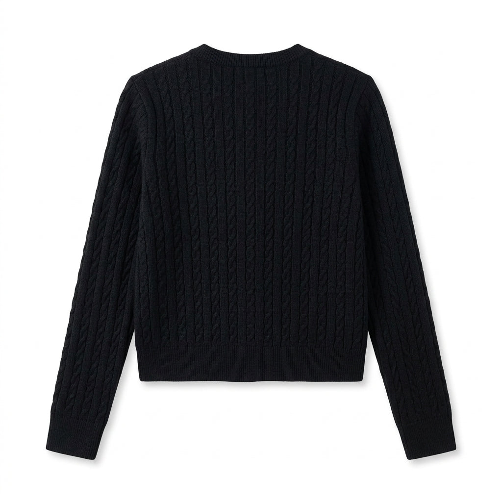 [WHOLESALE ONLY - CONTACT TO ORDER] Women's Classic Fitted Cable-Knit Crewneck Button-Front Cardigan Sweater (Pitch Black) [AW-195]