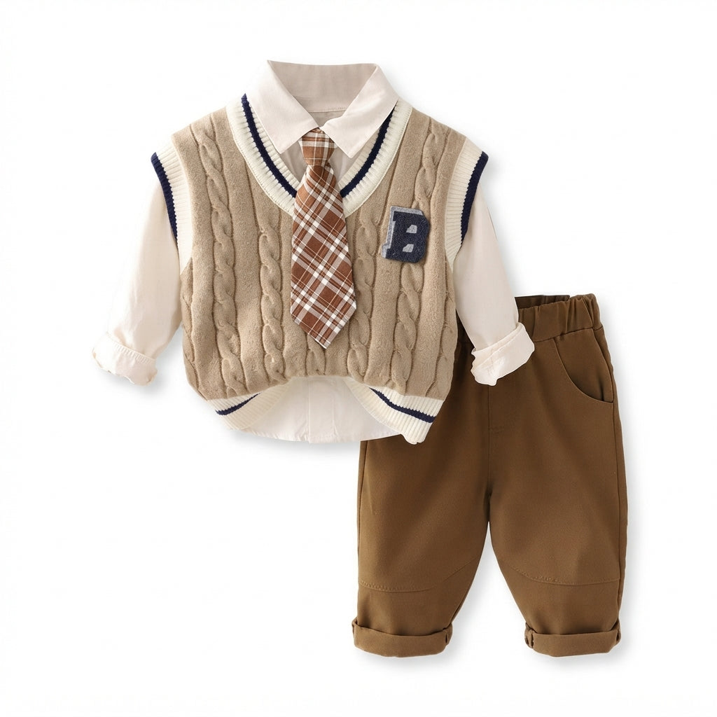 [WHOLESALE ONLY - CONTACT TO ORDER] Toddler Boys 3-Piece Gentleman Outfit Set - Cable Knit Sweater Vest, Long Sleeve Collared Shirt with Plaid Tie & Elastic Waist Chino Pants[KW-102]