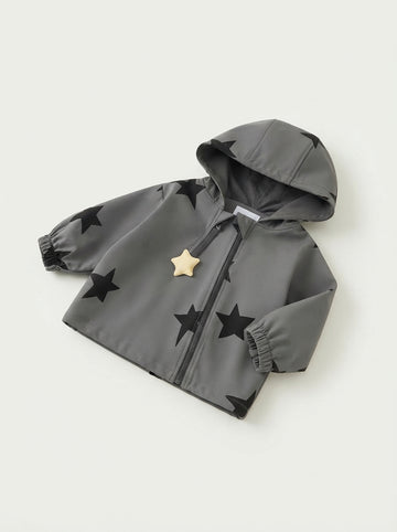 [WHOLESALE ONLY - CONTACT TO ORDER] Toddler Boys Lightweight Hooded Windbreaker Jacket - Black Star Pattern Padded Yellow Star Zipper Pull Coat [KW-156]