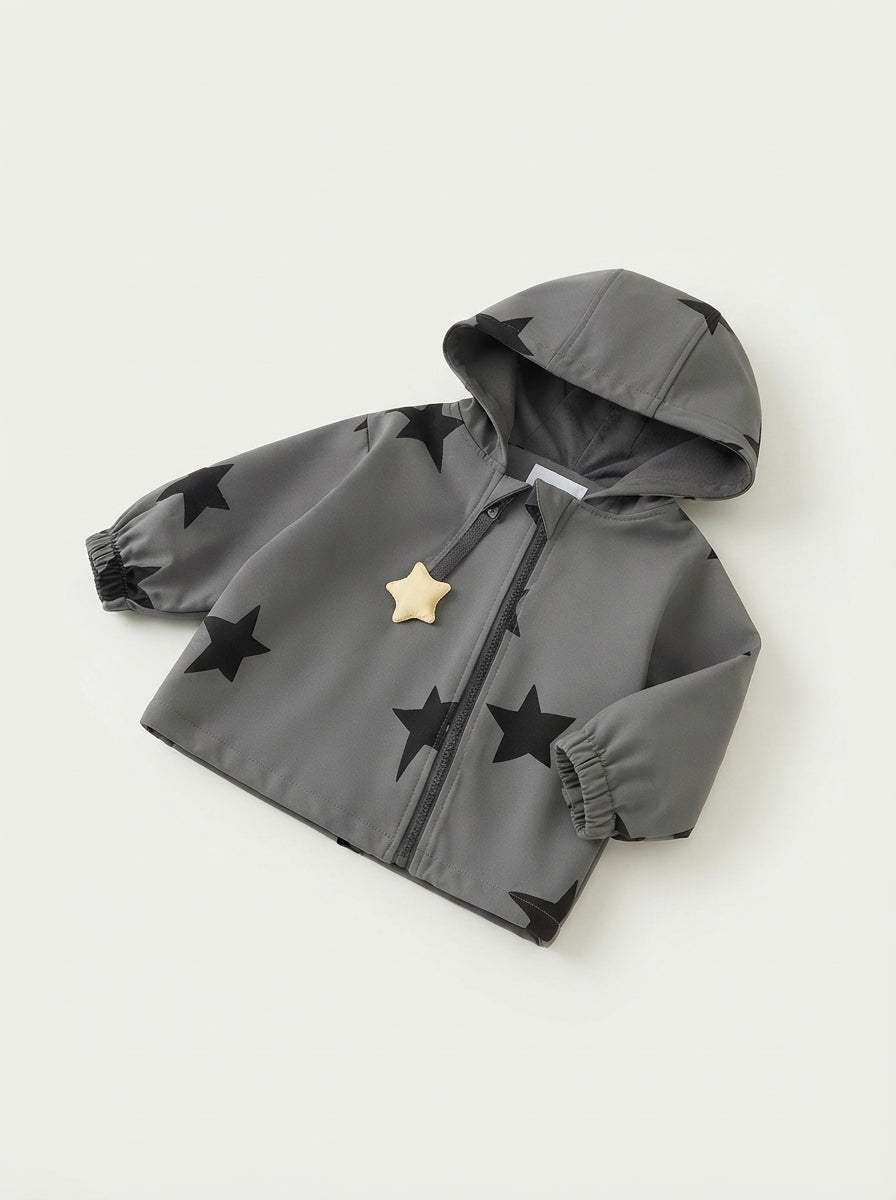 [WHOLESALE ONLY - CONTACT TO ORDER] Toddler Boys Lightweight Hooded Windbreaker Jacket - Black Star Pattern Padded Yellow Star Zipper Pull Coat [KW-156]