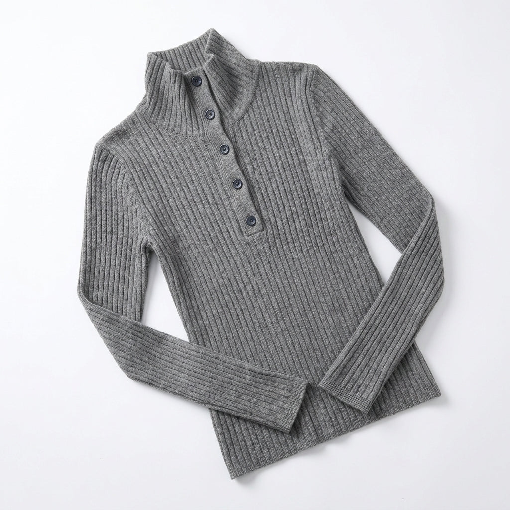 [WHOLESALE ONLY - CONTACT TO ORDER] Women's Ribbed Knit Convertible High Turtleneck Buttoned Henley Pullover Sweater (Heather Medium Grey) [AW-225]