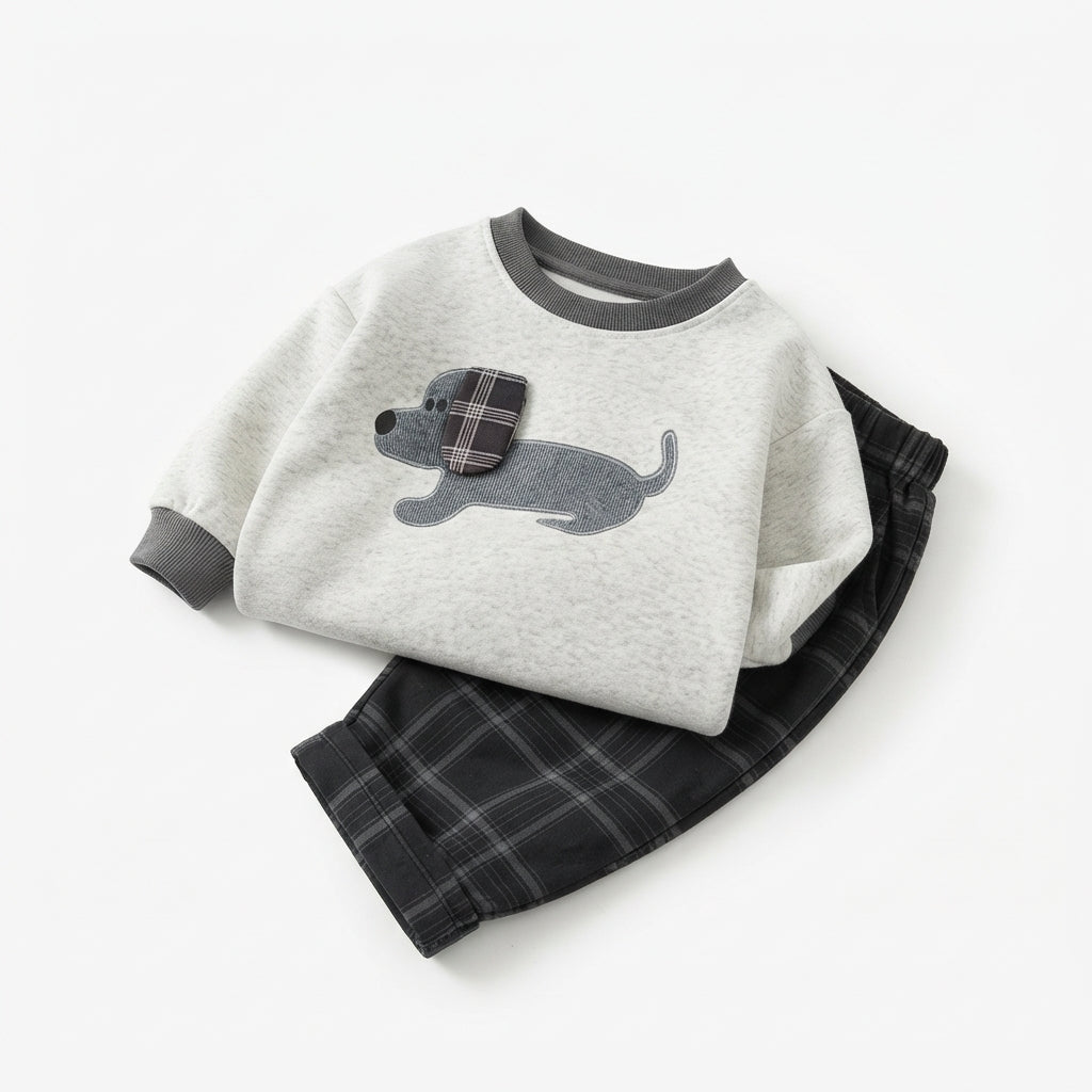 [WHOLESALE ONLY - CONTACT TO ORDER] Toddler Boys 2-Piece Fleece Sweatshirt & Tartan Plaid Pants Set - Cute Dachshund Dog Patchwork Tracksuit [KW-152]