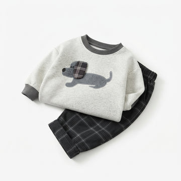 [WHOLESALE ONLY - CONTACT TO ORDER] Toddler Boys 2-Piece Fleece Sweatshirt & Tartan Plaid Pants Set - Cute Dachshund Dog Patchwork Tracksuit [KW-152]