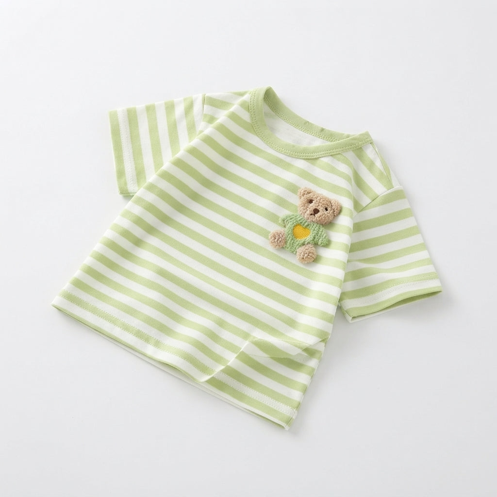 [WHOLESALE ONLY - CONTACT TO ORDER] Toddler Baby Sage Green Striped Short Sleeve T-Shirt - 3D Fuzzy Sherpa Teddy Bear Patch Summer Tee[KW-141]