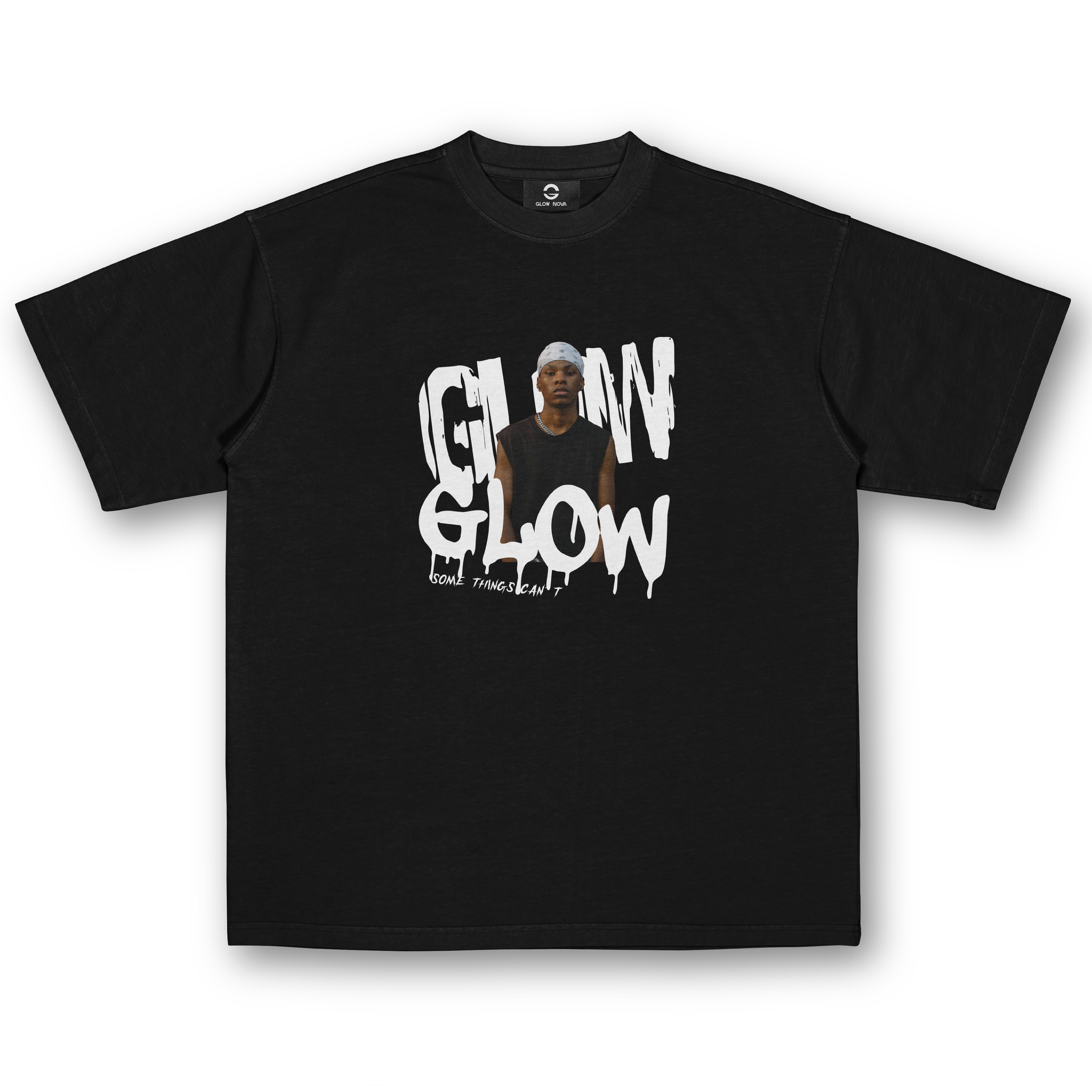 Black t-shirt with 'GLOW GLOW' text and graphic on a white background