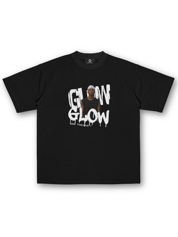 Black t-shirt with 'GLOW GLOW' text and graphic on a white background