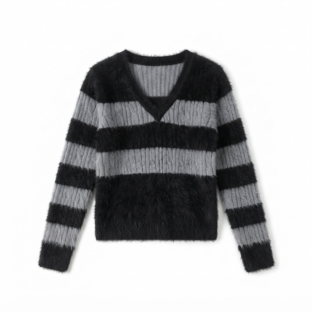 [WHOLESALE ONLY - CONTACT TO ORDER] Women's Grunge Y2K Striped Fuzzy Eyelash & Cable-Knit V-Neck Pullover Sweater with Ribbed Inset (Noir Black & Heather Grey) [AW-213]