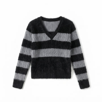[WHOLESALE ONLY - CONTACT TO ORDER] Women's Grunge Y2K Striped Fuzzy Eyelash & Cable-Knit V-Neck Pullover Sweater with Ribbed Inset (Noir Black & Heather Grey) [AW-213]