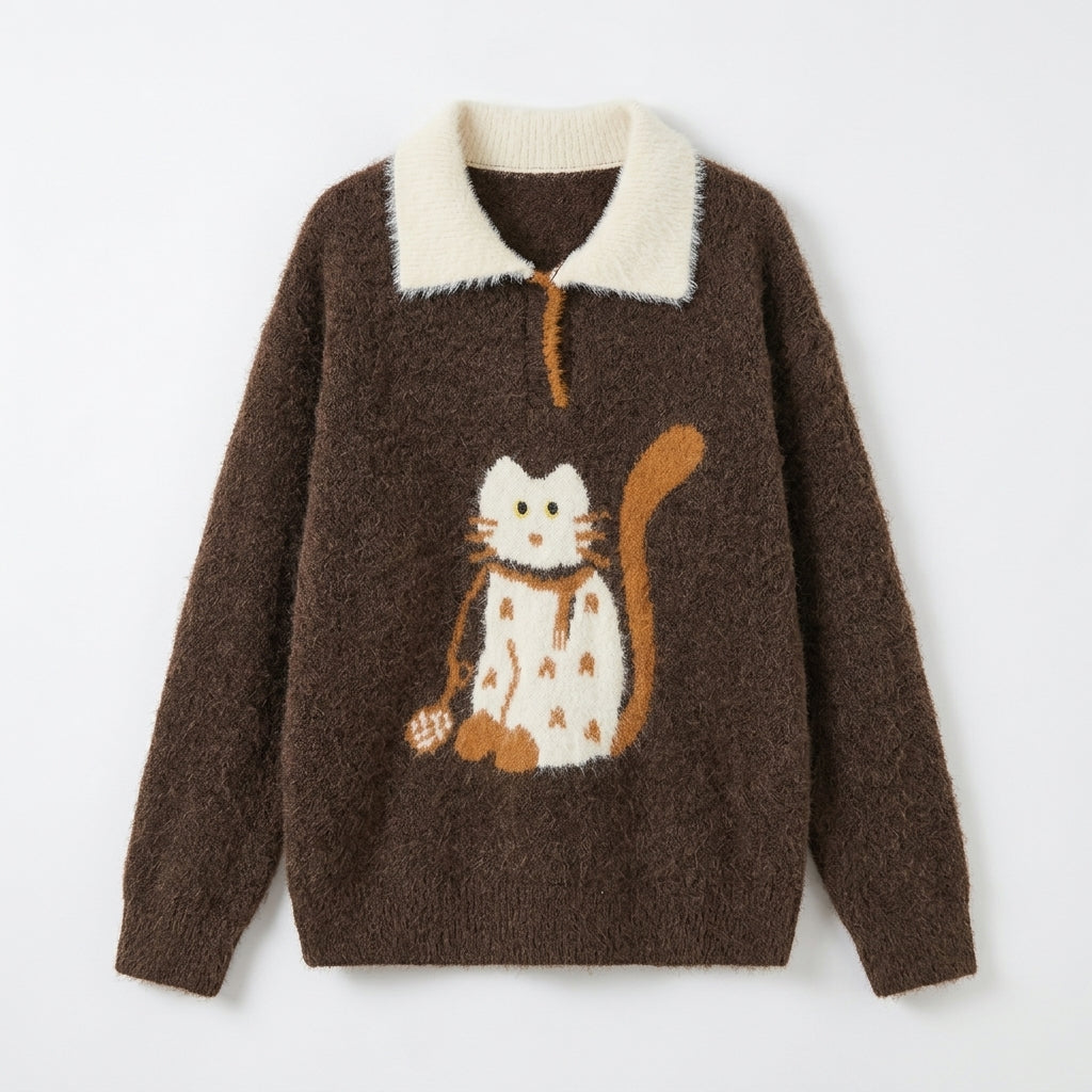 [WHOLESALE ONLY - CONTACT TO ORDER] Women's Retro Whimsical Cat Intarsia Fuzzy Knit Polo Sweater with Contrast Fleece Collar (Rich Espresso Cocoa Brown) [AW-214]