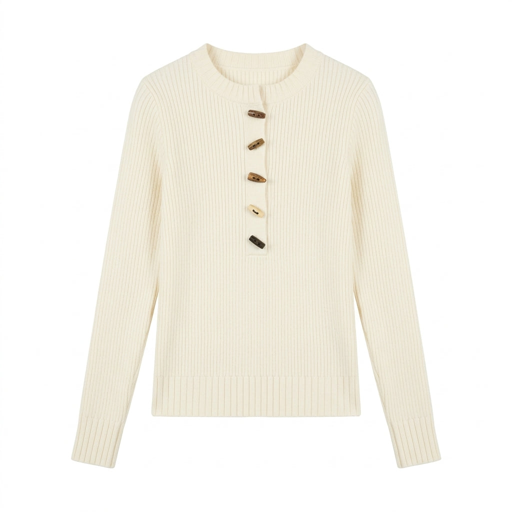 [WHOLESALE ONLY - CONTACT TO ORDER] Women's Ribbed Knit Henley Neck Pullover Sweater with Assorted Wooden Toggle Buttons (Cream Ivory) [AW-194]