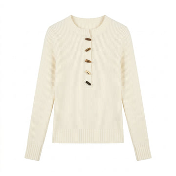 [WHOLESALE ONLY - CONTACT TO ORDER] Women's Ribbed Knit Henley Neck Pullover Sweater with Assorted Wooden Toggle Buttons (Cream Ivory) [AW-194]