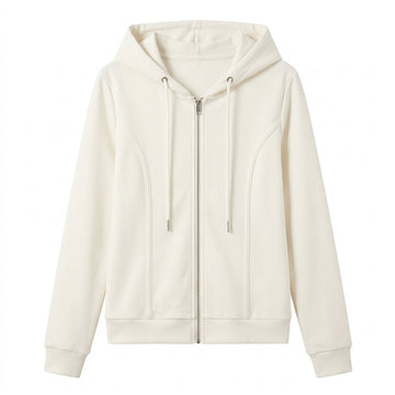 [WHOLESALE ONLY - CONTACT TO ORDER] Women's Premium 320GSM 85% Cotton Ribbed Knit Princess-Seam Slim Full-Zip Hoodie (Pure Cloud White) [AW-107]