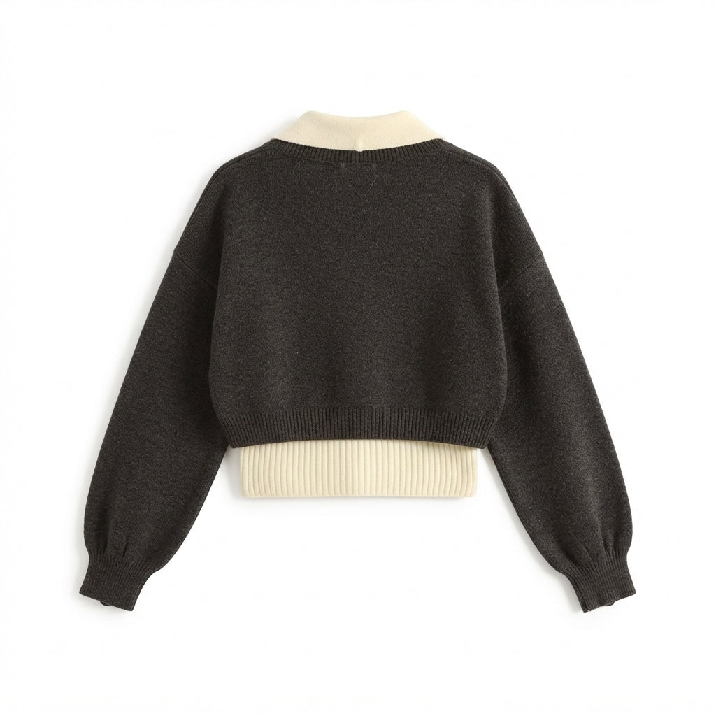 [WHOLESALE ONLY - CONTACT TO ORDER] Women's Preppy 2-in-1 Layered Cropped Knit Pullover Sweater with Ribbed Polo Collar Insert (Heather Charcoal Grey & Cream White) [AW-206]