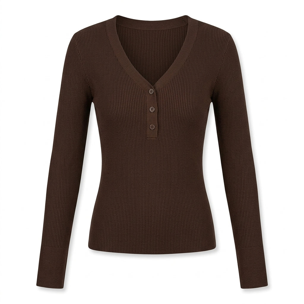 [WHOLESALE ONLY - CONTACT TO ORDER] Women's Ribbed Knit V-Neck Henley Pullover Sweater with Tonal Buttons (Rich Espresso Mocha Brown) [AW-196]