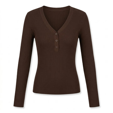 [WHOLESALE ONLY - CONTACT TO ORDER] Women's Ribbed Knit V-Neck Henley Pullover Sweater with Tonal Buttons (Rich Espresso Mocha Brown) [AW-196]