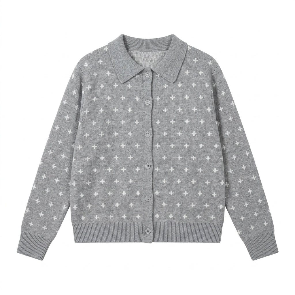 [WHOLESALE ONLY - CONTACT TO ORDER] Women's Vintage Nordic Geometric Cross Jacquard Polo Collar Button-Front Cardigan Sweater (Heather Grey & Off-White) [AW-204]
