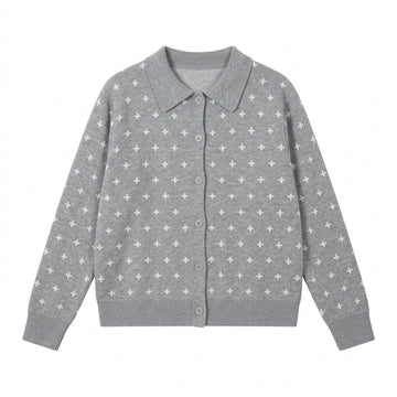 [WHOLESALE ONLY - CONTACT TO ORDER] Women's Vintage Nordic Geometric Cross Jacquard Polo Collar Button-Front Cardigan Sweater (Heather Grey & Off-White) [AW-204]