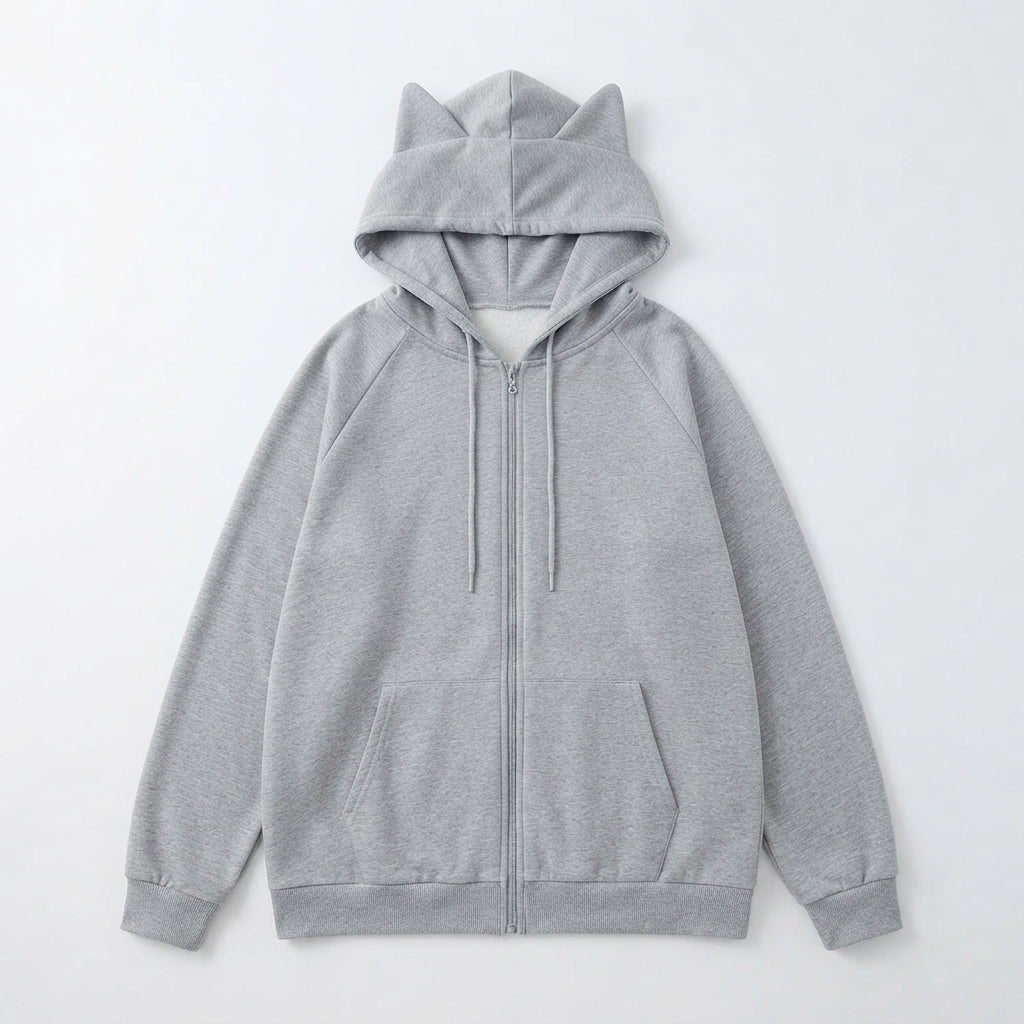 [WHOLESALE ONLY - CONTACT TO ORDER] Unisex Heavyweight 360GSM 85% Cotton French Terry 3D Cat Ear Full-Zip Raglan Hoodie (Heather Light Grey) [AW-112]