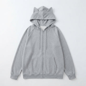 [WHOLESALE ONLY - CONTACT TO ORDER] Unisex Heavyweight 360GSM 85% Cotton French Terry 3D Cat Ear Full-Zip Raglan Hoodie (Heather Light Grey) [AW-112]