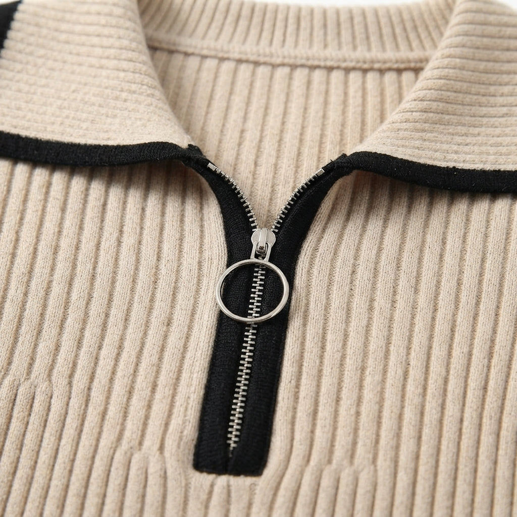 [WHOLESALE ONLY - CONTACT TO ORDER] Women's Ribbed Knit Contrast Tipped Polo Collar Quarter-Zip Pullover Sweater with Ring Pull (Heather Oatmeal & Black) [AW-209]