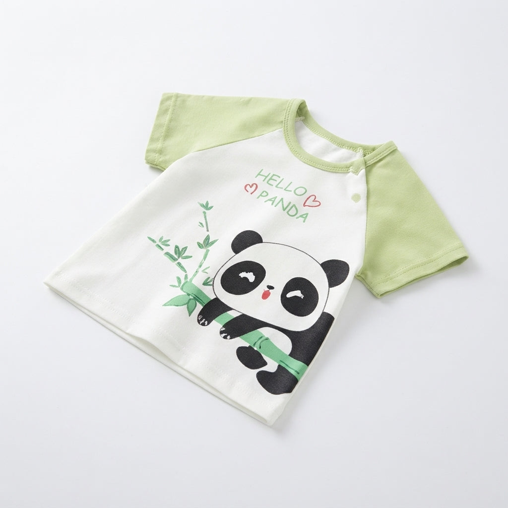 [WHOLESALE ONLY - CONTACT TO ORDER] Toddler Baby Raglan Short Sleeve T-Shirt - Cute Cartoon Panda on Bamboo Branch "HELLO PANDA" Graphic Cotton Tee [KW-142]