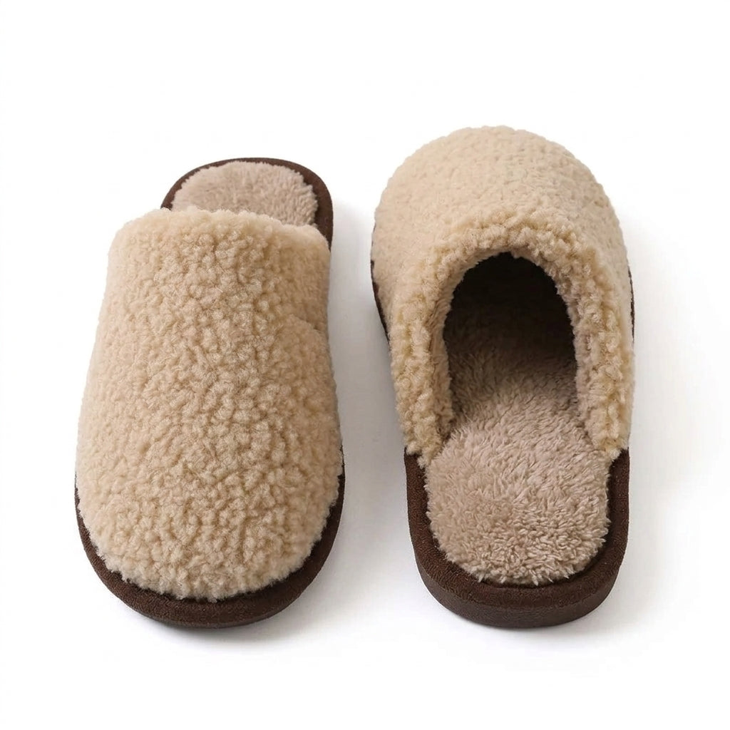 [WHOLESALE ONLY - CONTACT TO ORDER] Unisex Boucle Sherpa Fleece Memory Foam Winter Slippers - Contrast Suede Welt Non-Slip House Shoes (Cozy Oat Beige) [FM-114]
