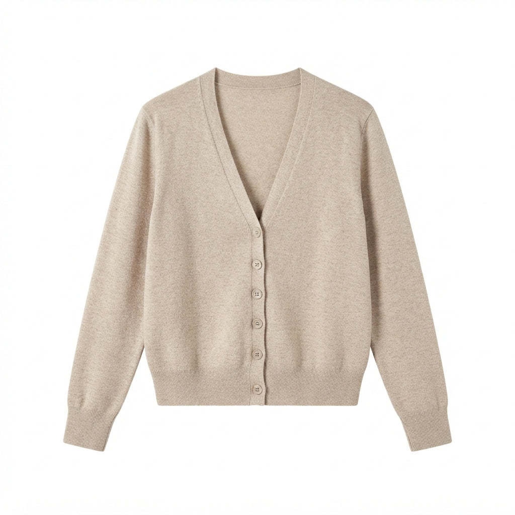 [WHOLESALE ONLY - CONTACT TO ORDER] Women's Ultra-Soft Cashmere-Feel Plain Knit Deep V-Neck Button-Front Cardigan Sweater (Heather Oat Melange) [AW-205]