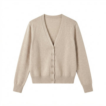 [WHOLESALE ONLY - CONTACT TO ORDER] Women's Ultra-Soft Cashmere-Feel Plain Knit Deep V-Neck Button-Front Cardigan Sweater (Heather Oat Melange) [AW-205]