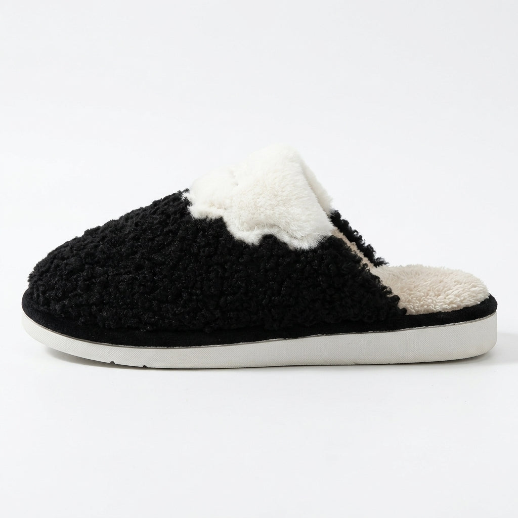[WHOLESALE ONLY - CONTACT TO ORDER] Unisex Colorblock Curly Boucle Fleece Memory Foam Winter Slippers - Platform Non-Slip House Shoes (Black & Cream White) [FM-111]