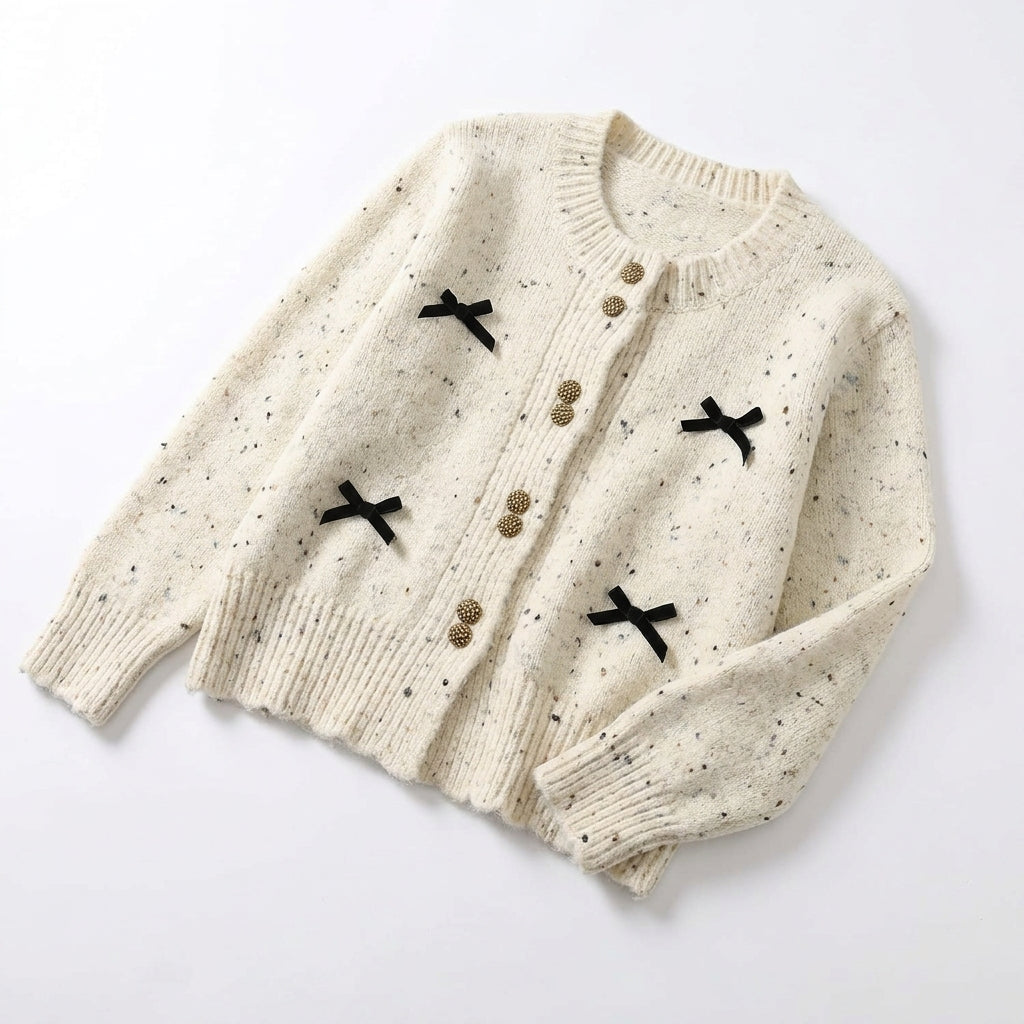 [WHOLESALE ONLY - CONTACT TO ORDER] Women's Coquette Tweed-Fleck Knit Crewneck Cardigan with 3D Velvet Bows & Gold Textured Buttons (Oatmeal Cream Fleck) [AW-227]