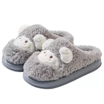 [WHOLESALE ONLY - CONTACT TO ORDER] Unisex 3D Sheep Horn Curly Boucle Fleece Memory Foam Winter Slippers - Platform Non-Slip House Shoes (Heather Grey) [FM-106]
