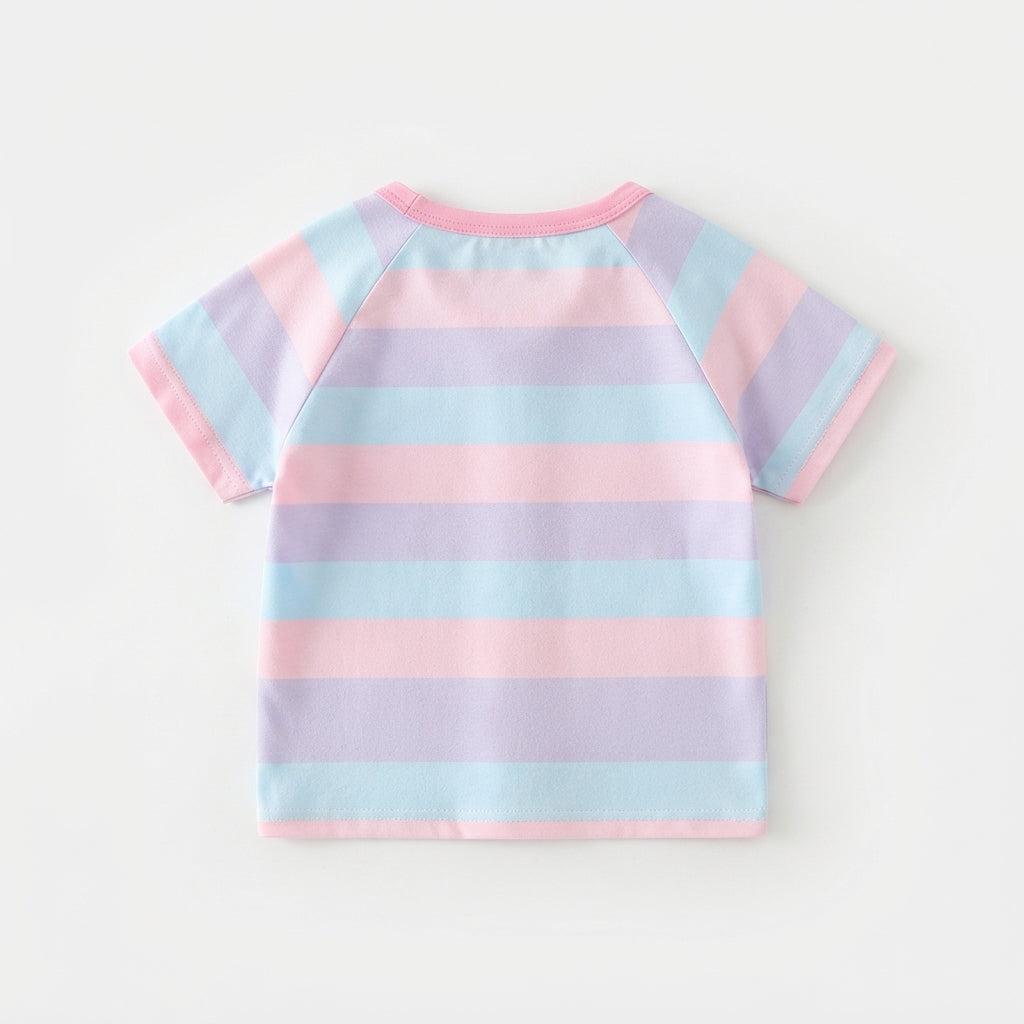 [WHOLESALE ONLY - CONTACT TO ORDER] Toddler Baby Girls Pastel Rainbow Striped Short Sleeve T-Shirt - Cute Purple Bunny Graphic Summer Tee [KW-144]