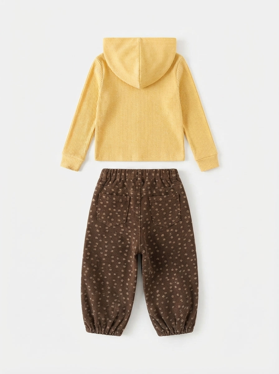 [WHOLESALE ONLY - CONTACT TO ORDER] Toddler Baby Girls 2-Piece Waffle Knit Hooded Henley Top & Ditsy Floral Corduroy Balloon Pants Set - Autumn Casual Loungewear [KW-149]