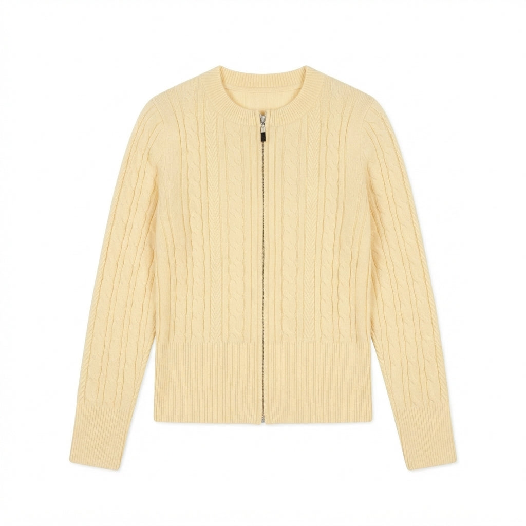 [WHOLESALE ONLY - CONTACT TO ORDER] Women's Classic Fitted Cable-Knit Crewneck Full-Zip Cardigan Sweater (Soft Pastel Butter Yellow) [AW-208]