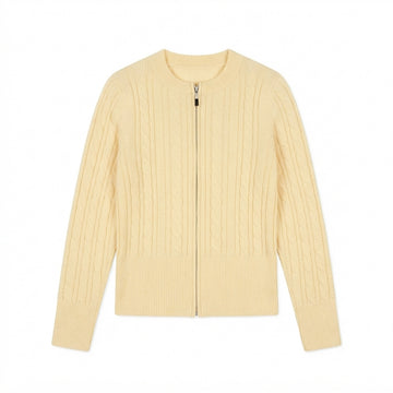 [WHOLESALE ONLY - CONTACT TO ORDER] Women's Classic Fitted Cable-Knit Crewneck Full-Zip Cardigan Sweater (Soft Pastel Butter Yellow) [AW-208]
