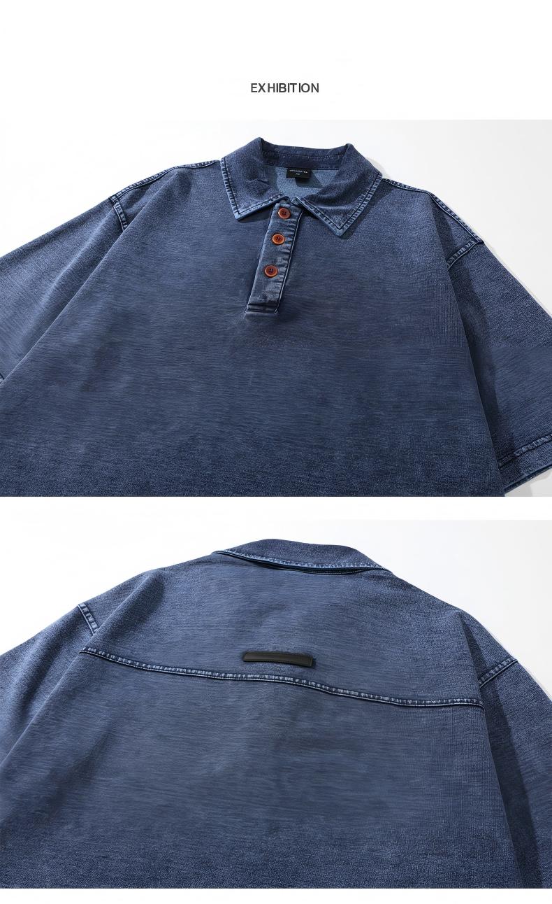 Men’s Heavyweight Washed T-Shirt – Vintage Loose Fit Drop Shoulder with Denim Collar[NA-012]