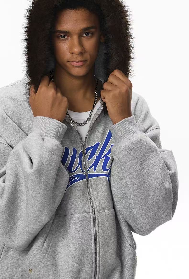 Winter ’25 Boxy Cropped Hoodie with Embroidered Accents and Plush Collar