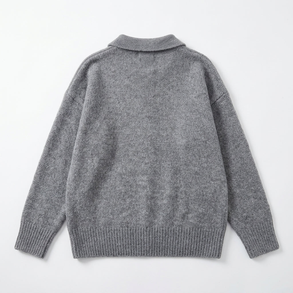 [WHOLESALE ONLY - CONTACT TO ORDER] Women's / Unisex Whimsical Messenger Black Cat Chenille Patch Knit Polo Sweater with Ribbed Collar (Heather Medium Grey) [AW-228]