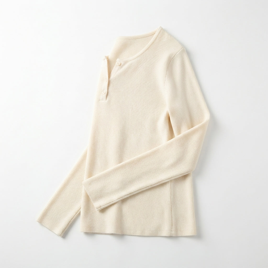 [WHOLESALE ONLY - CONTACT TO ORDER] Women's Ribbed Knit Split Notch-Neck Henley Pullover Sweater with Tonal Buttons (Cream Ivory) [AW-210]