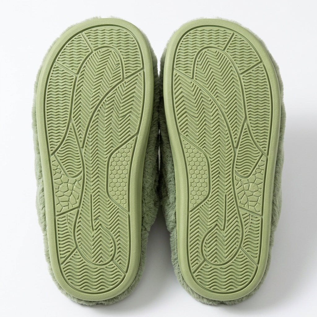 [WHOLESALE ONLY - CONTACT TO ORDER] Unisex 3D Ear Fluffy Faux Fur Memory Foam Winter Slippers - Non-Slip Textured Rubber Sole House Shoes (Matcha Mint Green) [FM-105]