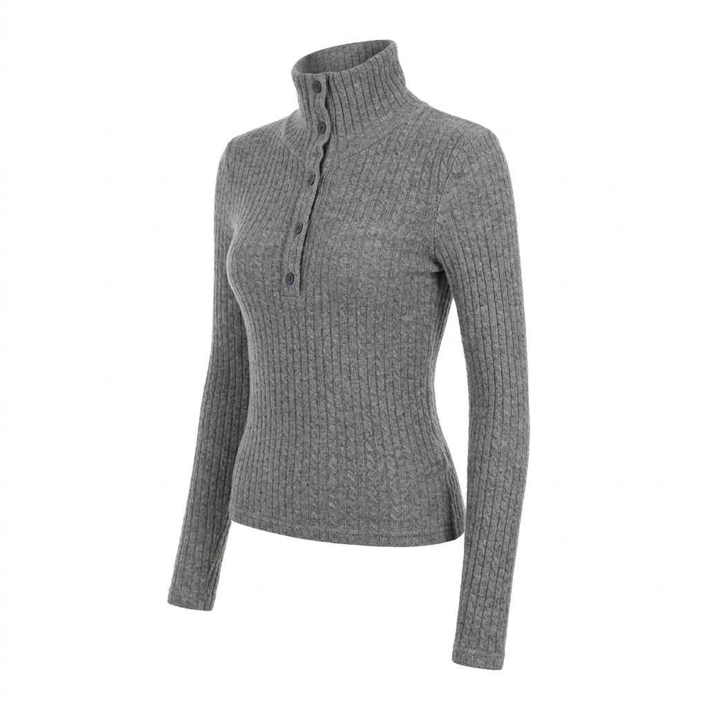 [WHOLESALE ONLY - CONTACT TO ORDER] Women's Ribbed Knit Convertible High Turtleneck Buttoned Henley Pullover Sweater (Heather Medium Grey) [AW-225]