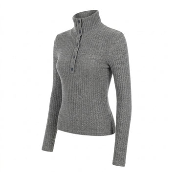 [WHOLESALE ONLY - CONTACT TO ORDER] Women's Ribbed Knit Convertible High Turtleneck Buttoned Henley Pullover Sweater (Heather Medium Grey) [AW-225]