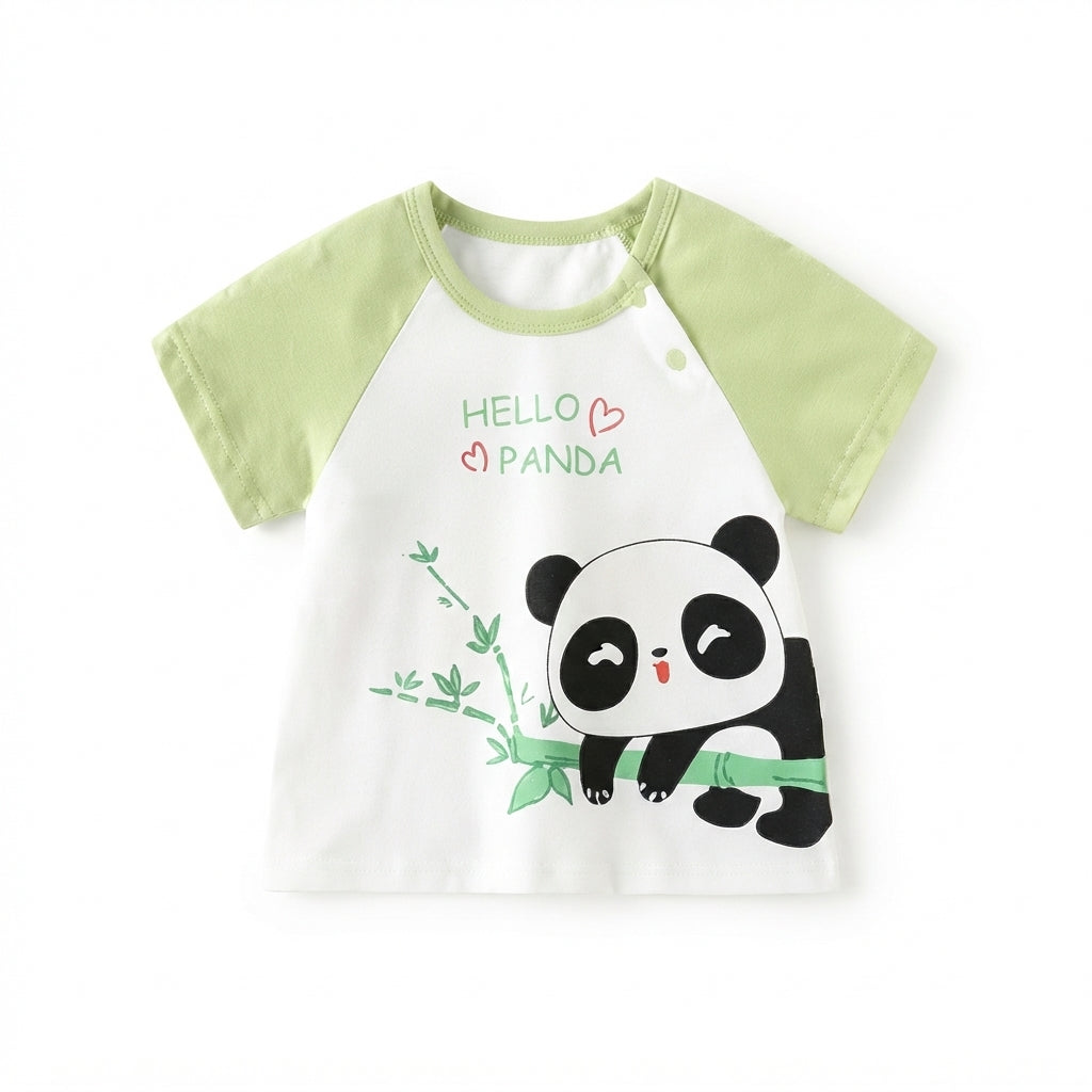 [WHOLESALE ONLY - CONTACT TO ORDER] Toddler Baby Raglan Short Sleeve T-Shirt - Cute Cartoon Panda on Bamboo Branch "HELLO PANDA" Graphic Cotton Tee [KW-142]