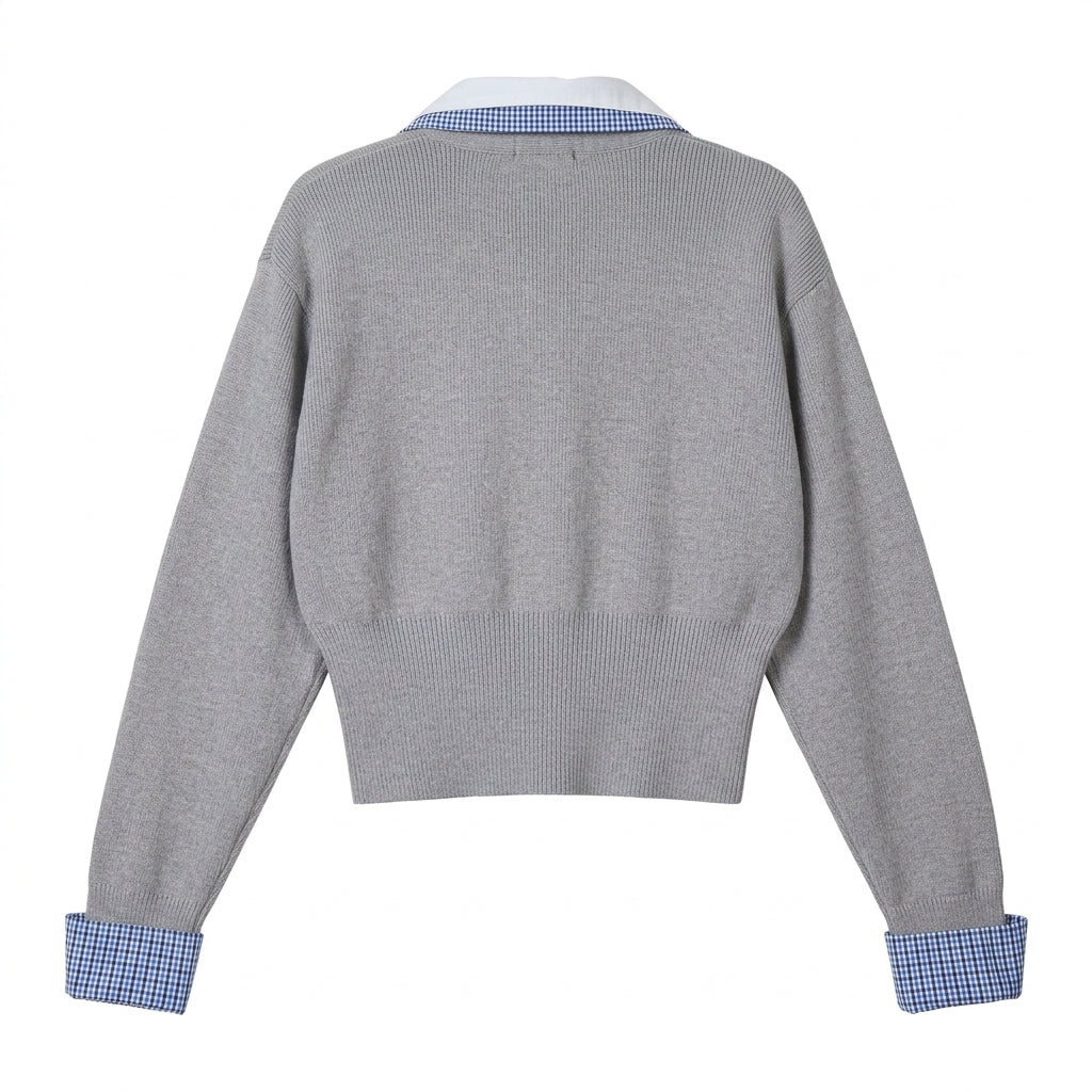 [WHOLESALE ONLY - CONTACT TO ORDER] Women's Preppy Layered Gingham Collar & Cuffs Cropped Cardigan Sweater with Wide Ribbed Waist (Heather Grey & Blue Check) [AW-123]