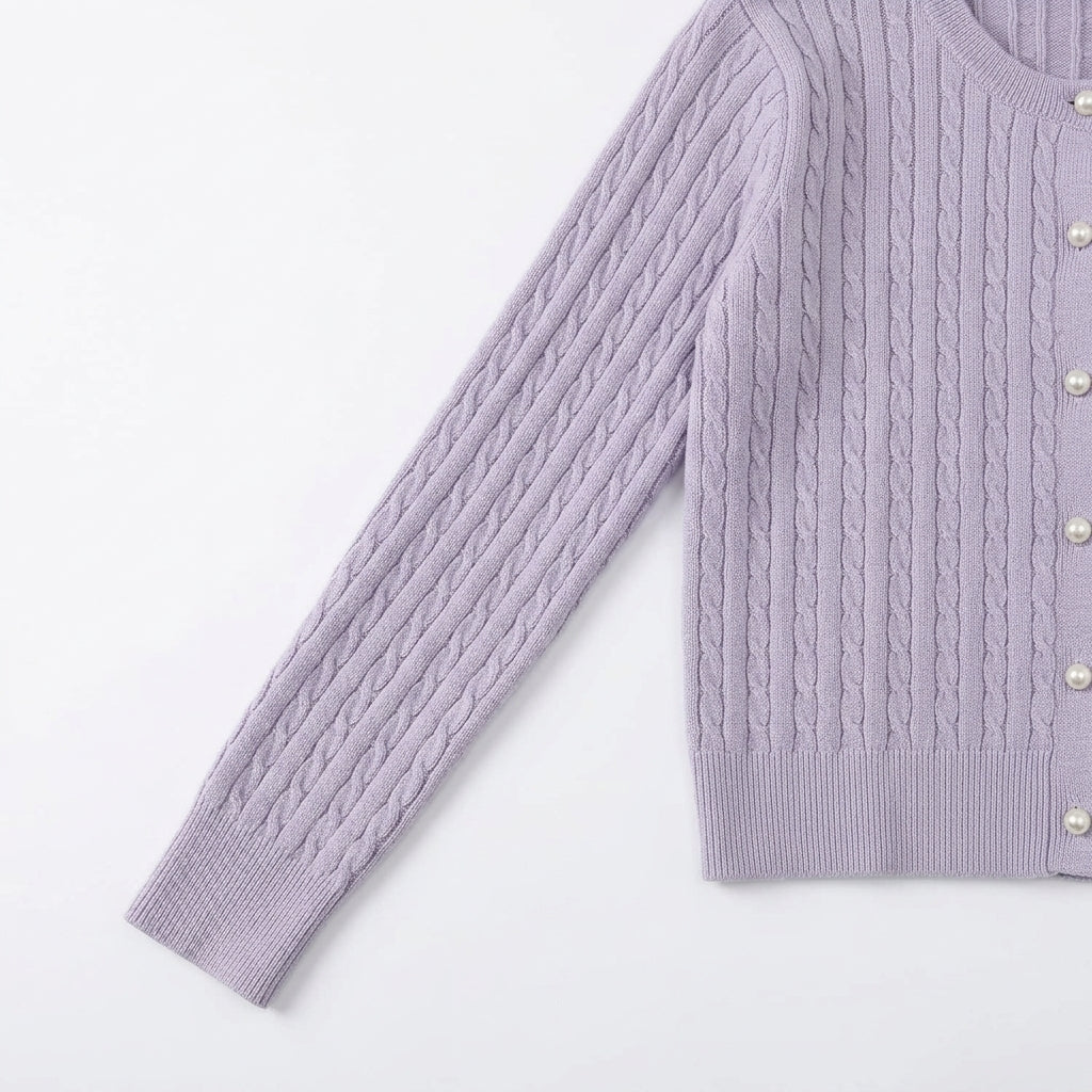 [WHOLESALE ONLY - CONTACT TO ORDER] Women's Classic Fitted Cable & Diamond-Knit Crewneck Button-Front Cardigan Sweater (Pastel Lilac Lavender) [AW-197]
