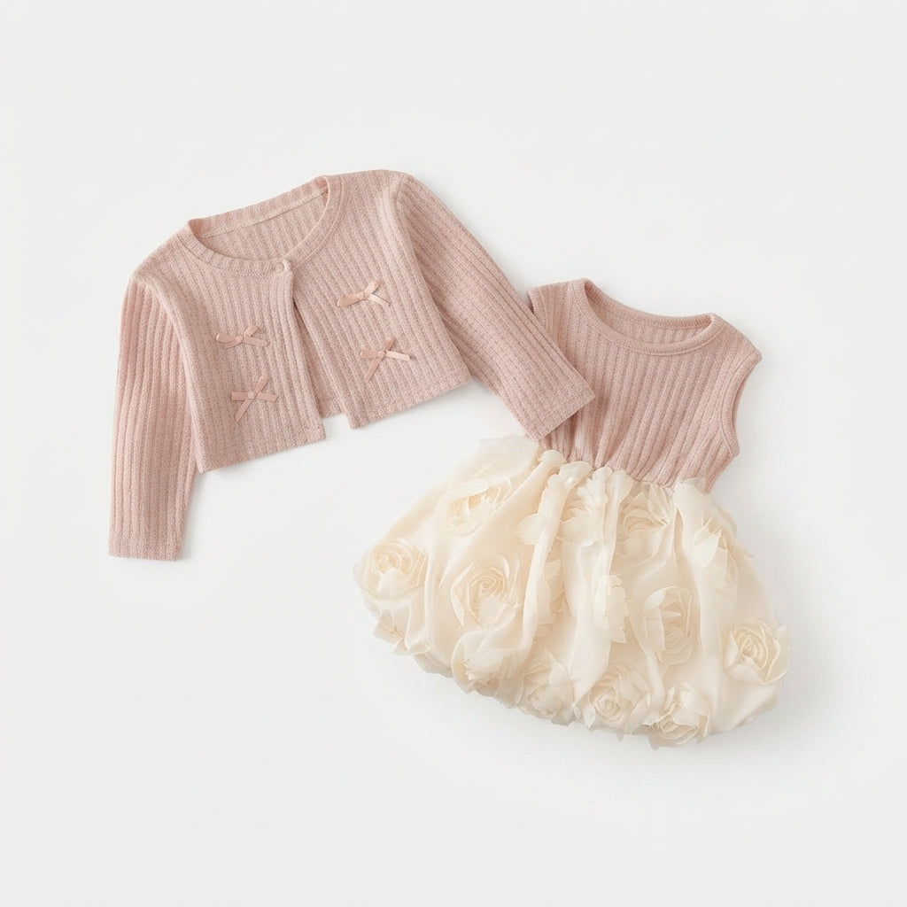 [WHOLESALE ONLY - CONTACT TO ORDER] Toddler Baby Girls 2-Piece Ribbed Knit Cardigan & 3D Rosette Bubble Tutu Dress Set - Balletcore Princess Outfit [KW-168]