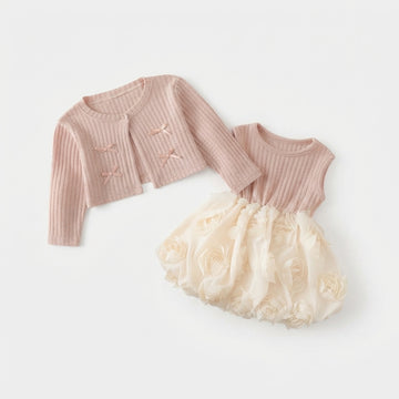 [WHOLESALE ONLY - CONTACT TO ORDER] Toddler Baby Girls 2-Piece Ribbed Knit Cardigan & 3D Rosette Bubble Tutu Dress Set - Balletcore Princess Outfit [KW-168]