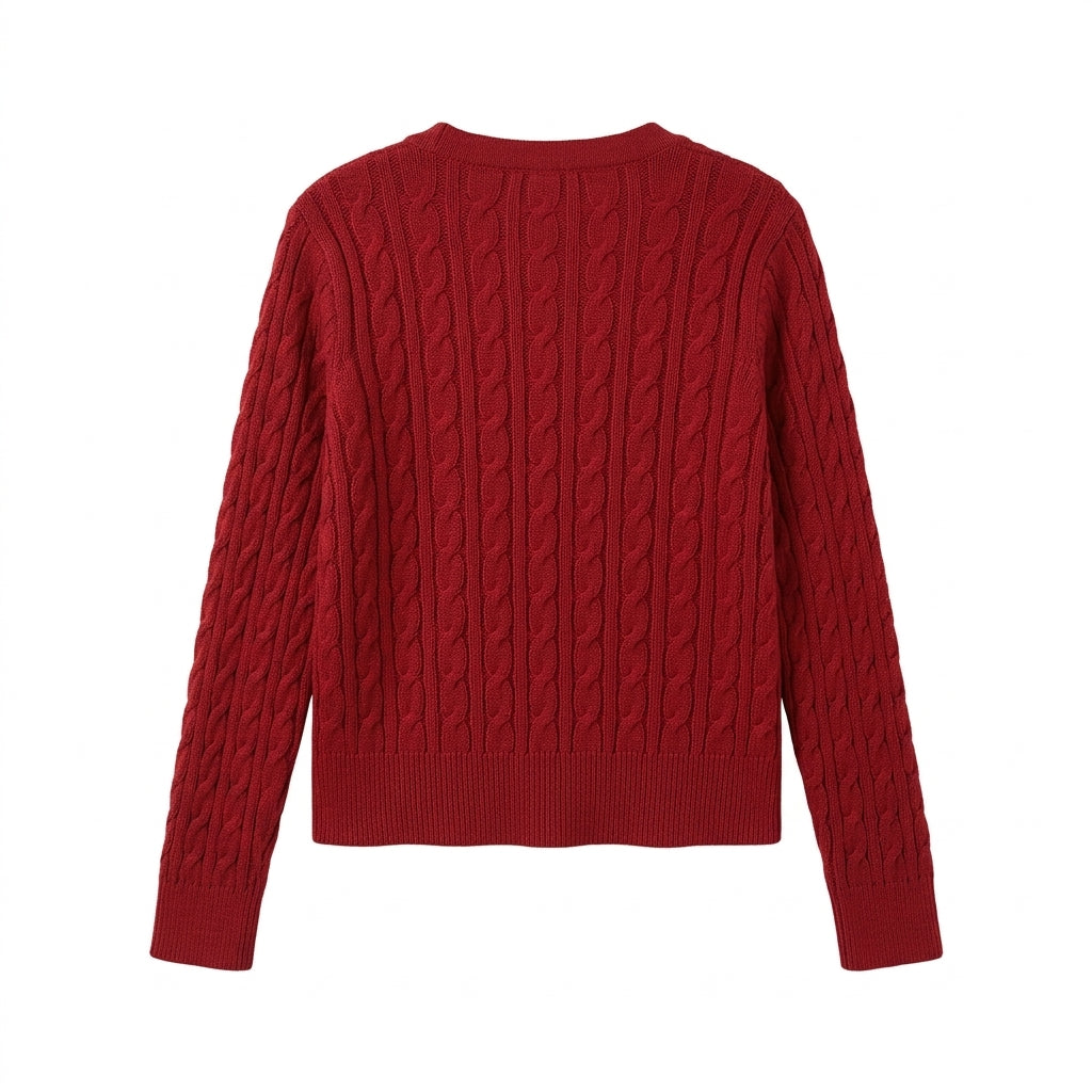[WHOLESALE ONLY - CONTACT TO ORDER] Women's Classic Fitted Cable-Knit Crewneck Button-Front Cardigan Sweater with Pearlized Buttons (Festive Crimson Red) [AW-122]