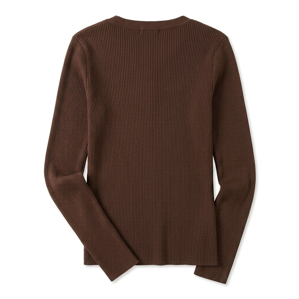 [WHOLESALE ONLY - CONTACT TO ORDER] Women's Ribbed Knit V-Neck Henley Pullover Sweater with Tonal Buttons (Rich Espresso Mocha Brown) [AW-196]